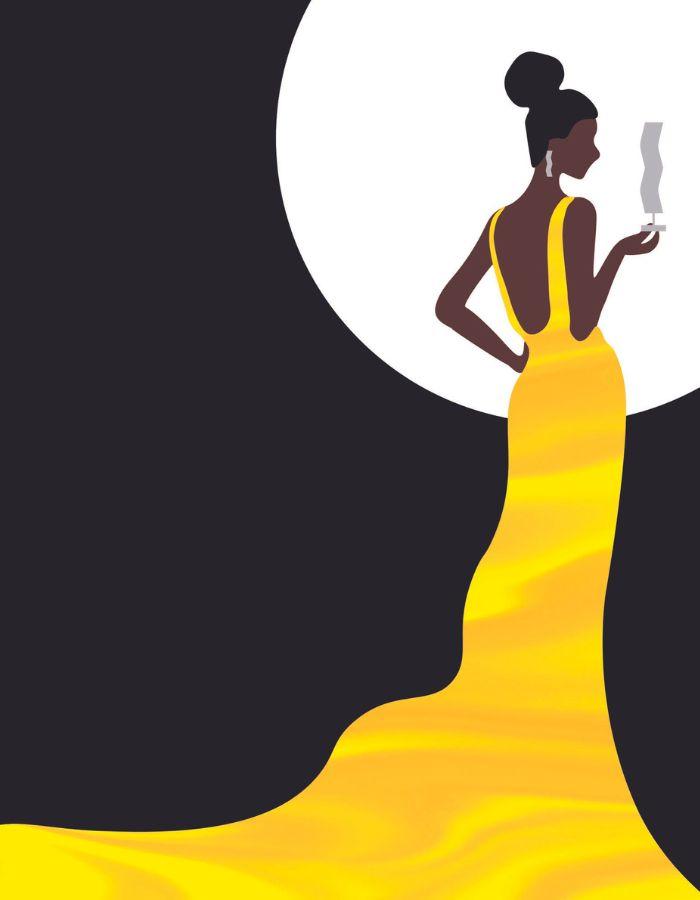 A Night at the Theatre Kiki Ball on 14th April 2023. An illustration of a black woman in a long yellow evening gown stood in front of a full moon.