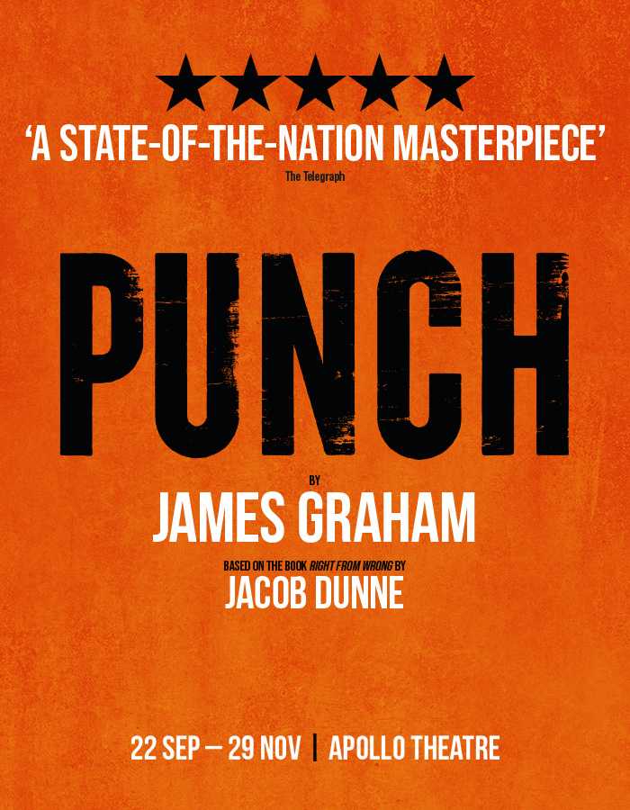 The title Punch in black capital letters on an orange background. There is a review quote and the information 22th September to 29th November at the Apollo Theatre