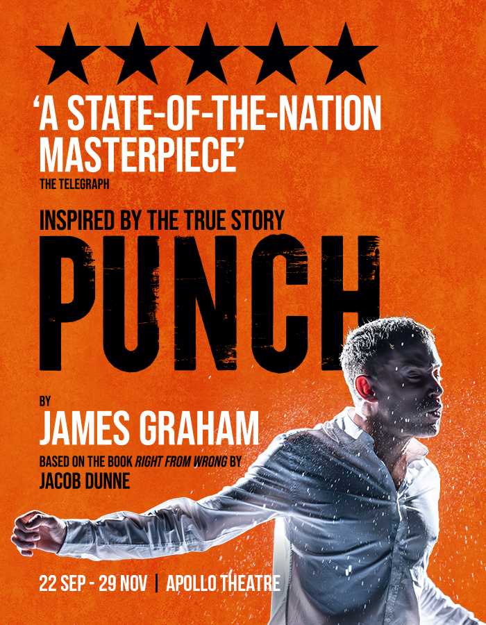 The word Punch on an orange background. Next to the title is a man wearing a white longsleeve with arms extended and water droplets emanating from him.