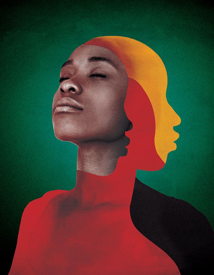 women on green background with red and orange shadows representing the Jamaican flag