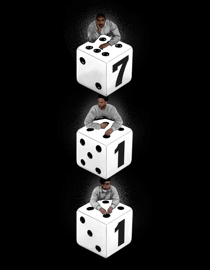 A graphic of 3 black and white dice spelling 711. Behind each of the dice is a cartoon of a black man sat down leaning his arms on the dice.
