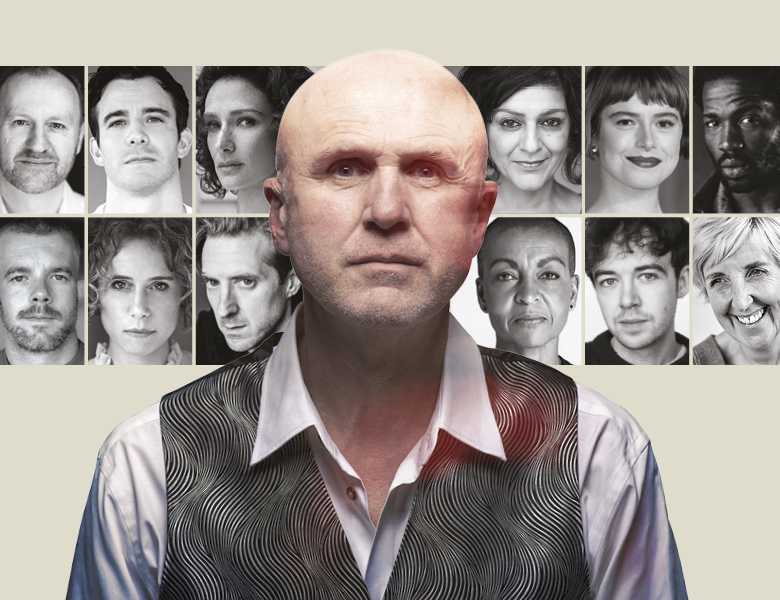 A head and shoulders shot of Tim Crouch wearing a white long sleeve shirt and a patterned gray vest. Bahind him are blurry shadows of his head facing the left and right.  Behind him are headshots of the guest artists.