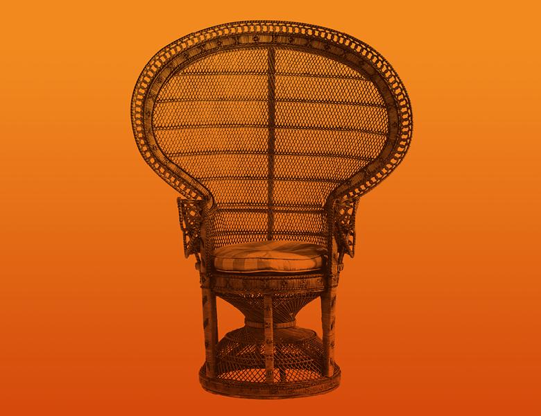 Beneatha's Place. From 27th June to 5th August. A photo of a peacock rattan chair on a light to dark orange gradient background. 