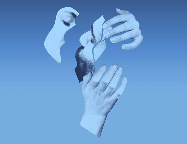 Against a blue background, the abstract side profiles of the faces of a man and woman kissing. The woman's hands are around the man's face which has cracks running down it. 