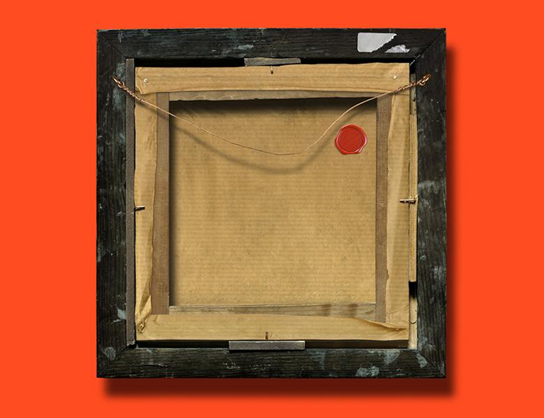 Nachtland. From 20th February - 20th April 2023. The back of a small square painting with dark wooden frame and copper hanging wire. The title Nachtland is in cyan capitals over the frame.