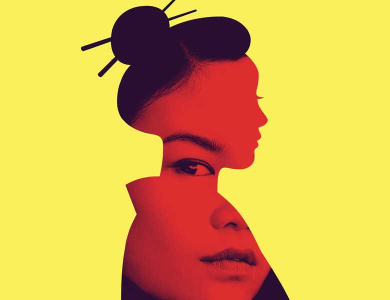 untitled f*ck m*ss s**gon play. Coming soon in autumn 2023. Profile silhouette of a woman on a yellow background. The silhouette has a hair bun held up with hair sticks. Within the silhouette, the face of an ESEA woman stares out defiantly.
