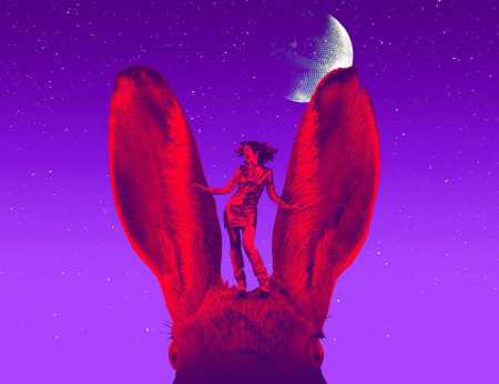Against a purple background, a silhouette of a girl dances on top of a rabbit's head beneath a disco ball in the shape of a half moon.