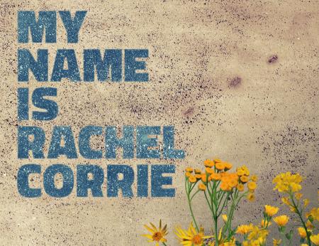 A beige, pock-marked, finely textured wall bares the words 'MY NAME IS RACHEL CORRIE' in a rich sky blue. Wild bright yellow flowers peek up in the right hand bottom corner. 