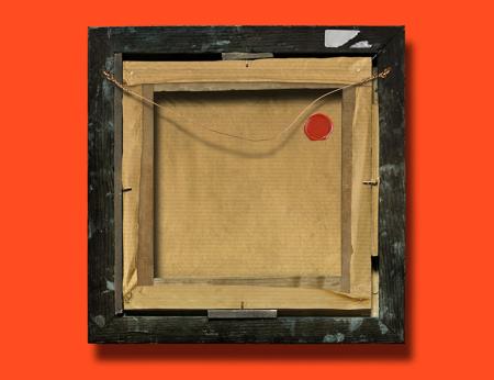 Nachtland. From 20th February - 20th April 2023. The back of a small square painting with dark wooden frame and copper hanging wire. The title Nachtland is in cyan capitals over the frame.