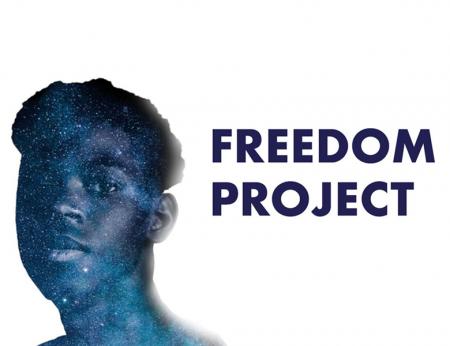 The outline of a boy with night skyline. Title text in dark blue, Freedom Project