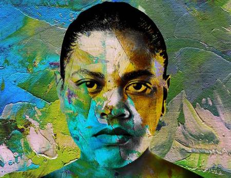 The face of a woman fills the screen, she stares with an intense gaze , her short dark hair scraped back, her jaw set, she could be angry or sad or maybe both. A beautiful mix of greens, blues, yellows wash the entire image: they look painted roughly on with a big brush.