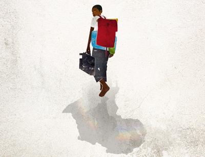 Black boy against a white background with red rucksack on his back holding another bag walking way 