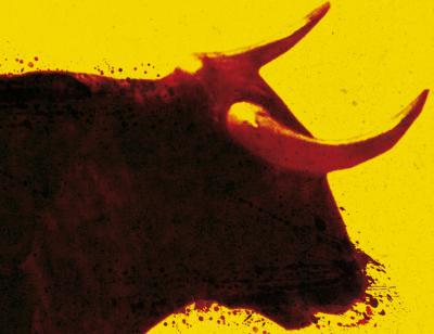 Yellow background with the painted silhouette of the torso of a bull with large horns leaping from left to right across the canvas