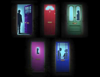 Five different coloured doors with a blue light coming out of the windows sit against a black background. Different silhouettes are visible behind each door.