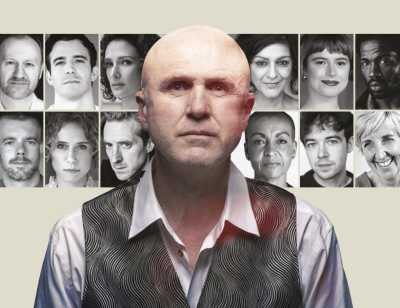 A head and shoulders shot of Tim Crouch wearing a white long sleeve shirt and a patterned gray vest. Bahind him are blurry shadows of his head facing the left and right.  Behind him are headshots of the guest artists.
