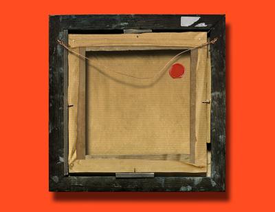 Nachtland. From 20th February - 20th April 2023. The back of a small square painting with dark wooden frame and copper hanging wire. The title Nachtland is in cyan capitals over the frame.