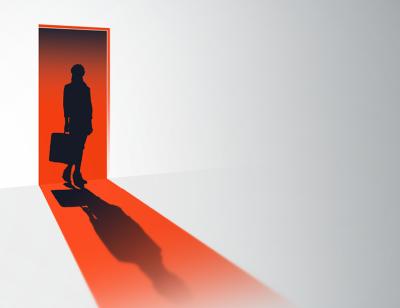 The Homecoming. From 27th November 2023 - 27th January 2024. An illustration of a woman's silhouette standing in a doorway of red light holding a suitcase. The title The Homecoming is in black capitals against a light grey background.