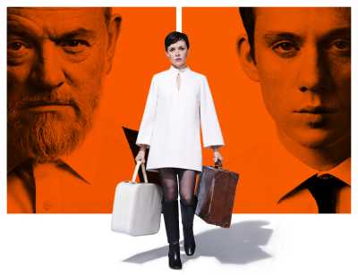 Two head and shoulder images of a man of Irish/Welsh heritage with a beard and a man with brown hair, blue eyes and freckles sit side by side in orange rectangles. Between them, a petite white woman with short dark hair wearing a white a-line dress and tall boots stands holding two suitcases. All three people are staring directly ahead. 