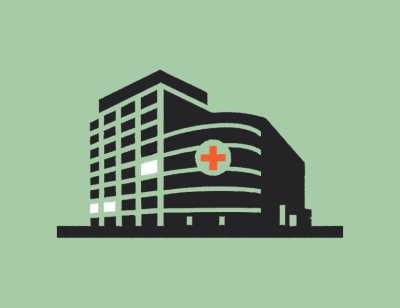 A graphic of a hospital on a green background