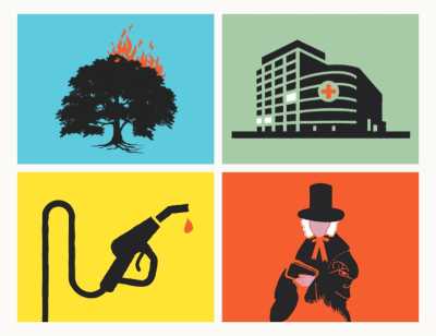 A grid of 4 images consisting of: A graphic of a tree with flames coming out of one side on a blue background. A graphic of a hospital on a green background. A graphic of a petrol pump nozzle on a yellow background. A graphic of a Puritan in traditional dress on a red background