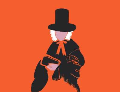 A graphic of a Puritan in traditional dress on a red background