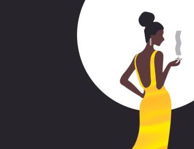 A Night at the Theatre Kiki Ball on 14th April 2023. An illustration of a black woman in a long yellow evening gown stood in front of a full moon.