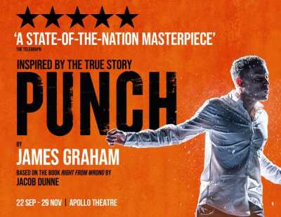 The word Punch on an orange background. Next to the title is a man wearing a white longsleeve with arms extended and water droplets emanating from him. 