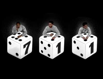 A graphic of 3 black and white dice spelling 711. Behind each of the dice is a cartoon of a black man sat down leaning his arms on the dice.